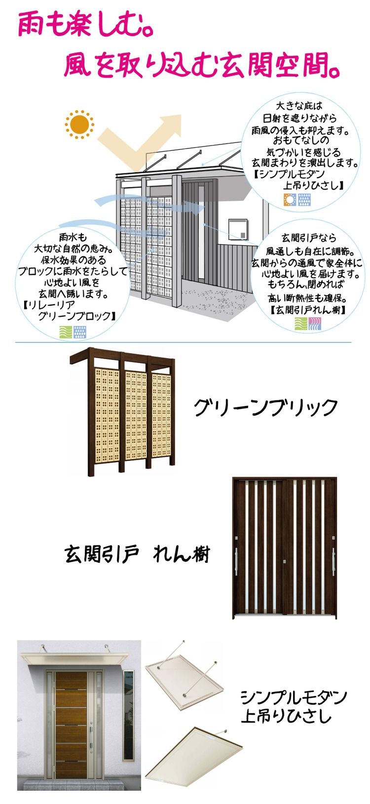 グリーンブリック　玄関引戸れん樹　シンプルモダン上吊りひさし