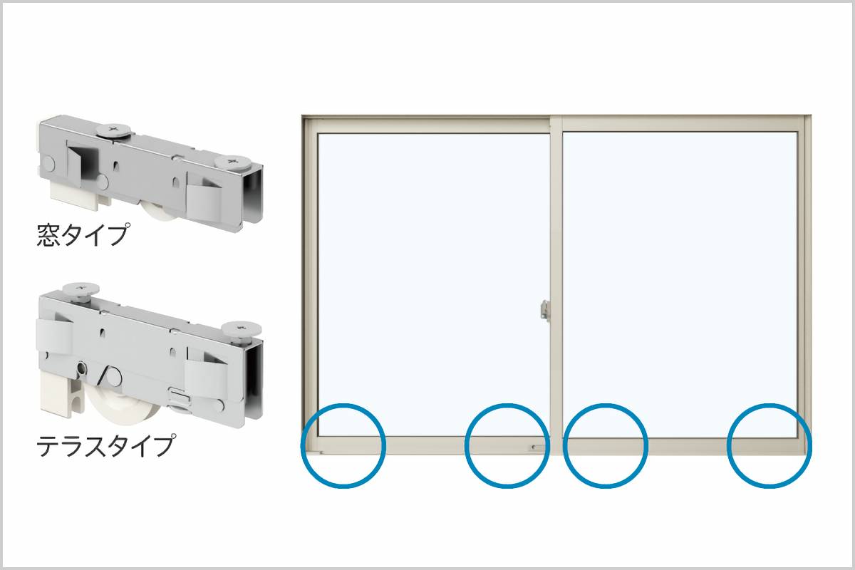 戸車：窓の左右の下框（内部）にある車輪状の部品