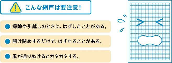 こんな網戸は要注意　掃除や引っ越しの時にはずしたことがある、開け閉めするだけではずれることがある、風が通り抜けるとガタガタする