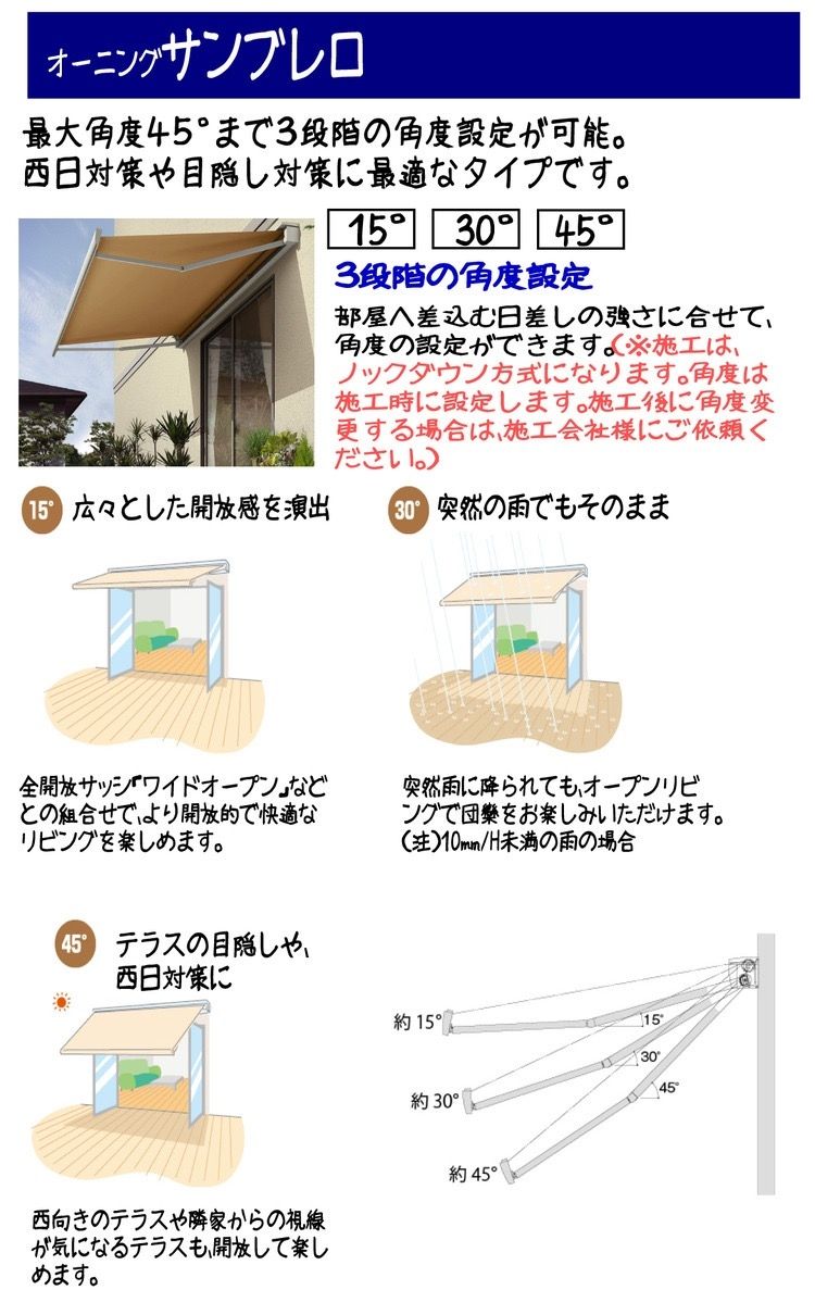 オーニングサンブレロは三段階の角度設定が可能