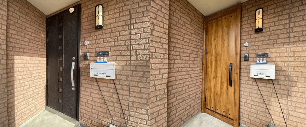 綺麗なレンガ調の外壁とマッチする木調色のお洒落な玄関ドアに交換した施工事例