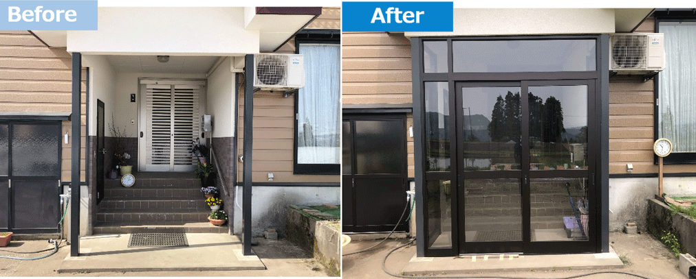 断熱玄関引き戸への交換と風除室設置を同時にした施工事例