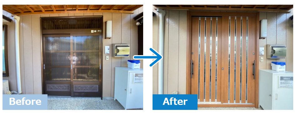 断熱性のないランマ付き玄関引き戸からモダンな断熱引き戸への交換で寒さ対策
